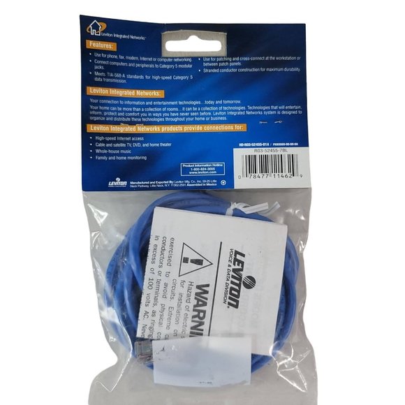 2/$15 NEW Leviton CAT 5 7-Foot Patch Cord Blue 52455-7BL Network Cable Ethernet - Picture 4 of 7